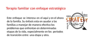 Terapia familiar con enfoque estratégico
Este enfoque se interesa en el aquí y en el ahora
de la familia. Su énfasis esta en ayudar a las
familias a manejar de manera efectiva los
problemas que enfrentan en determinadas
etapas de la vida, especialmente en los periodos
de transición entre una etapa y otra.
 