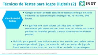 LBI - Microsoft
Técnicas de Testes para Jogos Digitais (2)
Shultz, C.; Bryant, R. e Langdell, T. Game Testing All In One. United States: Thomson/Course Technology, 2005
 Geração de casos de teste baseada na observação de que a maioria
das falhas são ocasionadas pela interação de, no máximo, dois
fatores.
 Ele garante que todos valores utilizados para teste serão
combinados pelo menos uma vez com todos os valores dos outros
parâmetros inseridos, gerando o menor número de casos de teste
possível.
 Utilizado para garantir uma maior cobertura nos eventos que podem ocorrer
no gameplay permitindo jogar, por exemplo, todos os modos de jogo de
forma combinada com todas as características possíveis dos personagens.
Combinatorial
Testing
 