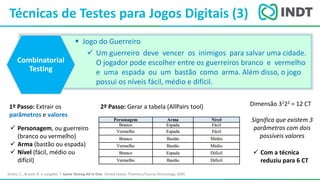 LBI - Microsoft
Técnicas de Testes para Jogos Digitais (3)
Shultz, C.; Bryant, R. e Langdell, T. Game Testing All In One. United States: Thomson/Course Technology, 2005
 Jogo do Guerreiro
 Um guerreiro deve vencer os inimigos para salvar uma cidade.
O jogador pode escolher entre os guerreiros branco e vermelho
e uma espada ou um bastão como arma. Além disso, o jogo
possui os níveis fácil, médio e difícil.
Combinatorial
Testing
1º Passo: Extrair os
parâmetros e valores
 Personagem, ou guerreiro
(branco ou vermelho)
 Arma (bastão ou espada)
 Nível (fácil, médio ou
difícil)
2º Passo: Gerar a tabela (AllPairs tool) Dimensão 3122 = 12 CT
Significa que existem 3
parâmetros com dois
possíveis valores
 Com a técnica
reduziu para 6 CT
 