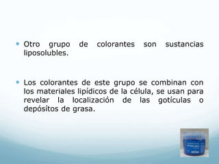  Otro grupo de colorantes son sustancias
liposolubles.
 Los colorantes de este grupo se combinan con
los materiales lipídicos de la célula, se usan para
revelar la localización de las gotículas o
depósítos de grasa.
 