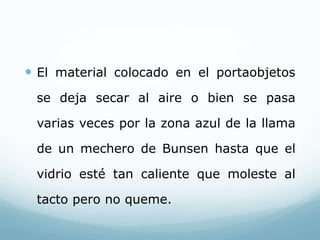  El material colocado en el portaobjetos
se deja secar al aire o bien se pasa
varias veces por la zona azul de la llama
de un mechero de Bunsen hasta que el
vidrio esté tan caliente que moleste al
tacto pero no queme.
 