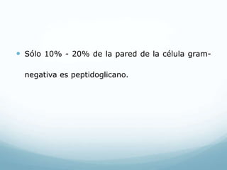  Sólo 10% - 20% de la pared de la célula gram-
negativa es peptidoglicano.
 