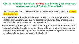Obj. 3: Identificar las fases, niveles que integra y los recursos
necesarios para el Trabajo Comunitario.
En la realización del trabajo comunitario deben tenerse en cuenta sus niveles
de integración.
• Macromedio (de él se derivan las características sociopsicológicas del orden
de los sistemas valorativos que reflejan las particularidades y propósitos de
nuestra sociedad: instituciones, organizaciones),
• Micromedio que incluye a la familia y demás grupos formales o informales así
como el referido al sujeto como agente portador del fenómeno social, ya que
no debe desconocerse la particular manera en que se reflejan los fenómenos
sociales en lo particular de cada individualidad.
17/3/2021 11
 