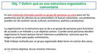 Obj. 7 Definir qué es una estructura organizativa
comunitaria
Es una institución formada cuando un grupo de personas se unen para ver los
problemas que les afectan en su comunidad y le buscan soluciones. Los problemas
pueden ser de carácter social, cultural, económico, político y productivo.
La organización es la estructura que se da a un grupo de personas para funcionar
de acuerdo a un método y a un objetivo común. Cuando varias personas deciden
organizarse lo hacen porque tienen intereses o problemas comunes que les
exigen su unión para poder enfrentarlos.
Todo trabajo realizado por un grupo organizado debe tener en común dos cosas.
a) Un mismo objetivo. b) Los mismos intereses.
17/3/2021 33
 