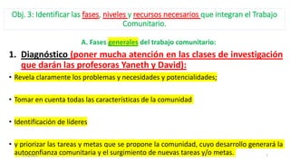 Obj. 3: Identificar las fases, niveles y recursos necesarios que integran el Trabajo
Comunitario.
A. Fases generales del trabajo comunitario:
1. Diagnóstico (poner mucha atención en las clases de investigación
que darán las profesoras Yaneth y David):
• Revela claramente los problemas y necesidades y potencialidades;
• Tomar en cuenta todas las características de la comunidad
• Identificación de líderes
• y priorizar las tareas y metas que se propone la comunidad, cuyo desarrollo generará la
autoconfianza comunitaria y el surgimiento de nuevas tareas y/o metas.
17/3/2021 7
 