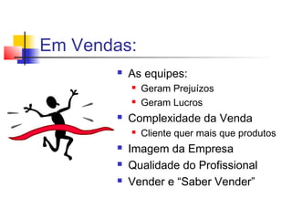 Em Vendas:
 As equipes:
 Geram Prejuízos
 Geram Lucros
 Complexidade da Venda
 Cliente quer mais que produtos
 Imagem da Empresa
 Qualidade do Profissional
 Vender e “Saber Vender”
 