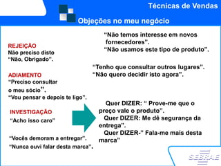 Técnicas de Vendas

                          Objeções no meu negócio
                                    “Não temos interesse em novos
                                     fornecedores”.
REJEIÇÃO
Não preciso disto
                                    “Não usamos este tipo de produto”.
“Não, Obrigado”.
                                 “Tenho que consultar outros lugares”.
ADIAMENTO                        “Não quero decidir isto agora”.
“Preciso consultar
o meu sócio”.
“Vou pensar e depois te ligo”.
                                     Quer DIZER: “ Prove-me que o
INVESTIGAÇÃO                       preço vale o produto”.
“Acho isso caro””                    Quer DIZER: Me dê segurança da
                                   entrega”.
                                     Quer DIZER-” Fala-me mais desta
“Vocês demoram a entregar”.        marca”
“Nunca ouvi falar desta marca”.
 