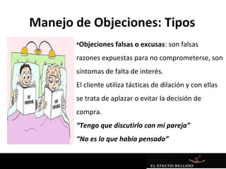 Manejo de Objeciones: Tipos
       •Objeciones falsas o excusas: son falsas
       razones expuestas para no comprometerse, son
       síntomas de falta de interés.
       El cliente utiliza tácticas de dilación y con ellas
       se trata de aplazar o evitar la decisión de
       compra.
       “Tengo que discutirlo con mi pareja”
       “No es lo que había pensado”
 
