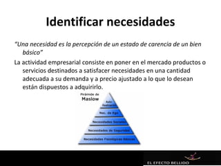 Identificar necesidades
“Una necesidad es la percepción de un estado de carencia de un bien
   básico”
La actividad empresarial consiste en poner en el mercado productos o
   servicios destinados a satisfacer necesidades en una cantidad
   adecuada a su demanda y a precio ajustado a lo que lo desean
   están dispuestos a adquirirlo.
 
