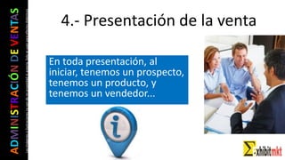 ADMINISTRACIÓNDEVENTAS
Lasimágeneseilustracionesnosondemipropiedadniautoría.Soloseusanparaefectosdidácticos
En toda presentación, al
iniciar, tenemos un prospecto,
tenemos un producto, y
tenemos un vendedor...
4.- Presentación de la venta
 