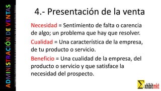 ADMINISTRACIÓNDEVENTAS
Lasimágeneseilustracionesnosondemipropiedadniautoría.Soloseusanparaefectosdidácticos
Necesidad = Sentimiento de falta o carencia
de algo; un problema que hay que resolver.
Cualidad = Una característica de la empresa,
de tu producto o servicio.
Beneficio = Una cualidad de la empresa, del
producto o servicio y que satisface la
necesidad del prospecto.
4.- Presentación de la venta
 