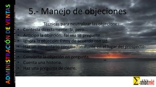 ADMINISTRACIÓNDEVENTAS
Lasimágeneseilustracionesnosondemipropiedadniautoría.Soloseusanparaefectosdidácticos
Técnicas para neutralizar las objeciones
• Contesta directamente: Sí, pero...
• Anticipa la objeción: Tal vez se pregunte...
• Ignora la objeción: Estoy de acuerdo con ud.
• Haz un comentario conciliador: Ponte en el lugar del
prospecto-cliente.
• Convierte la objeción en pregunta.
• Cuenta una historia (storytelling).
• Haz una pregunta de cierre.
 