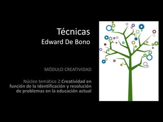 TécnicasEdward De Bono MÓDULO CREATIVIDAD Núcleo temático 2:Creatividad en función de la Identificación y resolución de problemas en la educación actual 
