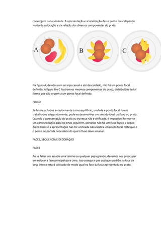 convergem naturalmente. A apresentação e a localização deste ponto focal depende
muito da colocação e da relação dos diversos componentes do prato.
Na figura A, devido a um arranjo casual e até descuidado, não há um ponto focal
definido. A figura B e C ilustram os mesmos componentes do prato, distribuídos de tal
forma que dão origem a um ponto focal definido.
FLUXO
Se fatores citados anteriormente como equilíbrio, unidade e ponto focal forem
trabalhados adequadamente, pode-se desenvolver um sentido ideal ou fluxo no prato.
Quando a apresentação do prato ou travessa não é unificada, é impossível formar-se
um caminho logico para os olhos seguirem, portanto não há um fluxo logico a seguir.
Além disso se a apresentação não for unificada não existira um ponto focal forte que é
o ponto de partida necessário do qual o fluxo deve emanar.
FACES, SEQUENCIA E DECORAÇÃO
FACES
Ao se fatiar um assado uma terrine ou qualquer peça grande, devemos nos preocupar
em colocar a face principal para cima. Isso assegura que qualquer padrão na face da
peça inteira estará colocado de modo igual na face da fatia apresentada no prato.
 