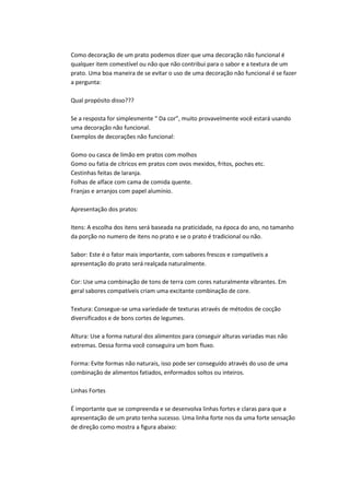 Como decoração de um prato podemos dizer que uma decoração não funcional é
qualquer item comestível ou não que não contribui para o sabor e a textura de um
prato. Uma boa maneira de se evitar o uso de uma decoração não funcional é se fazer
a pergunta:
Qual propósito disso???
Se a resposta for simplesmente “ Da cor”, muito provavelmente você estará usando
uma decoração não funcional.
Exemplos de decorações não funcional:
Gomo ou casca de limão em pratos com molhos
Gomo ou fatia de cítricos em pratos com ovos mexidos, fritos, poches etc.
Cestinhas feitas de laranja.
Folhas de alface com cama de comida quente.
Franjas e arranjos com papel alumínio.
Apresentação dos pratos:
Itens: A escolha dos itens será baseada na praticidade, na época do ano, no tamanho
da porção no numero de itens no prato e se o prato é tradicional ou não.
Sabor: Este é o fator mais importante, com sabores frescos e compatíveis a
apresentação do prato será realçada naturalmente.
Cor: Use uma combinação de tons de terra com cores naturalmente vibrantes. Em
geral sabores compatíveis criam uma excitante combinação de core.
Textura: Consegue-se uma variedade de texturas através de métodos de cocção
diversificados e de bons cortes de legumes.
Altura: Use a forma natural dos alimentos para conseguir alturas variadas mas não
extremas. Dessa forma você conseguira um bom fluxo.
Forma: Evite formas não naturais, isso pode ser conseguido através do uso de uma
combinação de alimentos fatiados, enformados soltos ou inteiros.
Linhas Fortes
É importante que se compreenda e se desenvolva linhas fortes e claras para que a
apresentação de um prato tenha sucesso. Uma linha forte nos da uma forte sensação
de direção como mostra a figura abaixo:
 