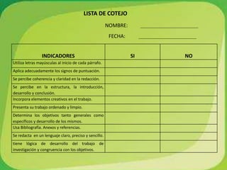 INDICADORES SI NO
Utiliza letras mayúsculas al inicio de cada párrafo.
Aplica adecuadamente los signos de puntuación.
Se percibe coherencia y claridad en la redacción.
Se percibe en la estructura, la introducción,
desarrollo y conclusión.
Incorpora elementos creativos en el trabajo.
Presenta su trabajo ordenado y limpio.
Determina los objetivos tanto generales como
específicos y desarrollo de los mismos.
Usa Bibliografía. Anexos y referencias.
Se redacta en un lenguaje claro, preciso y sencillo.
tiene lógica de desarrollo del trabajo de
investigación y congruencia con los objetivos.
LISTA DE COTEJO
:
FECHA:
NOMBRE:
 