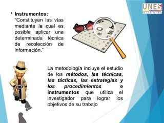 • Instrumentos:
“Constituyen las vías
mediante la cual es
posible aplicar una
determinada técnica
de recolección de
información.”
La metodología incluye el estudio
de los métodos, las técnicas,
las tácticas, las estrategias y
los procedimientos e
instrumentos que utiliza el
investigador para lograr los
objetivos de su trabajo
 