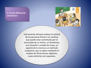 instrumento útil para evaluar la actitud
de las personas frente a un reactivo
que puede estar constituido por el
enunciado de un hecho, un fenómeno,
una situación o estado de cosas, un
aspecto de la ciencia o un estímulo
cualquiera, que se aplica mediante el
empleo de dimensiones adjetivas,
cuyos extremos son opuestos.
d. Escala diferencial
semántico:
 