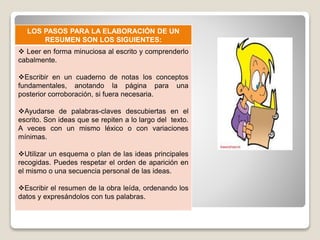 LOS PASOS PARA LA ELABORACIÓN DE UN
RESUMEN SON LOS SIGUIENTES:
 Leer en forma minuciosa al escrito y comprenderlo
cabalmente.
Escribir en un cuaderno de notas los conceptos
fundamentales, anotando la página para una
posterior corroboración, si fuera necesaria.
Ayudarse de palabras-claves descubiertas en el
escrito. Son ideas que se repiten a lo largo del texto.
A veces con un mismo léxico o con variaciones
mínimas.
Utilizar un esquema o plan de las ideas principales
recogidas. Puedes respetar el orden de aparición en
el mismo o una secuencia personal de las ideas.
Escribir el resumen de la obra leída, ordenando los
datos y expresándolos con tus palabras.
 