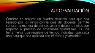 AUTOEVALUACIÓN
Consiste en realizar un cuadro atractivo para que sea
llenado por los niños con la guía del docente, permite
conocer la manera de pensar, sentir y desear de ellos con
respecto al proceso de enseñanza aprendizaje. Es una
herramienta que requiere de tiempo individual con cada
uno para que sea aplicada con eficiencia y veracidad.
 