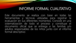 INFORME FORMAL CUALITATIVO
Este documento se realiza con base en todas las
herramientas y técnicas utilizadas para registrar la
evaluación en sus diferentes momentos. Consiste en una
sistematización de todo el proceso y constituye el
documento oficial que se entrega a las familias y/o
adultos responsables de los niños junto con el informe
formal descriptivo
 