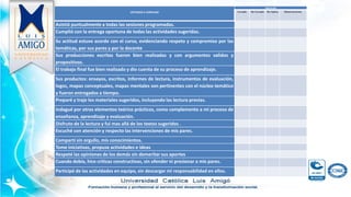 CRITERIOS A VERIFICAR
Valoración
Cumple No Cumple No Aplica Observaciones.
Asistió puntualmente a todas las sesiones programadas.
Cumplió con la entrega oportuna de todas las actividades sugeridas.
Su actitud estuvo acorde con el curso, evidenciando respeto y compromiso por las
temáticas, por sus pares y por la docente
Sus producciones escritas fueron bien realizadas y con argumentos validos y
propositivos.
El trabajo final fue bien realizado y dio cuenta de su proceso de aprendizaje.
Sus productos: ensayos, escritos, informes de lectura, instrumentos de evaluación,
logos, mapas conceptuales, mapas mentales son pertinentes con el núcleo temático
y fueron entregados a tiempo.
Preparé y traje los materiales sugeridos, incluyendo las lectura previas.
Indagué por otros elementos teórico prácticos, como complemento a mi proceso de
enseñanza, aprendizaje y evaluación.
Disfruto de la lectura y fui mas allá de los textos sugeridos .
Escuché con atención y respecto las intervenciones de mis pares.
Compartí sin orgullo, mis conocimientos.
Tome iniciativas, propuse actividades e ideas
Respeté las opiniones de los demás sin demeritar sus aportes
Cuando debía, hice criticas constructivas, sin ofender ni presionar a mis pares.
Participé de las actividades en equipo, sin descargar mi responsabilidad en ellos.
 