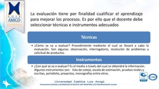 La evaluación tiene por finalidad cualificar el aprendizaje
para mejorar los procesos. Es por ello que el docente debe
seleccionar técnicas e instrumentos adecuados
Técnicas
• ¿Cómo se va a evaluar? Procedimiento mediante el cual se llevará a cabo la
evaluación. Son algunas: observación, interrogatorio, resolución de problemas y
solicitud de productos.
Instrumentos
• ¿Con qué se va a evaluar? Es el medio a través del cual se obtendrá la información.
Algunos instrumentos son: lista de cotejo, escala de estimación, pruebas orales y
escritas, portafolio, proyectos, monografías entre otros.
 
