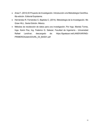 10
 Arias F. (2012) El Proyecto de Investigación. Introducción a la Metodología Científica.
6ta edición. Editorial Espisteme.
 Hernández R. Fernández C, Baptista C. (2014). Metodología de la Investigación. Mc
Graw HILL. Sexta Edición. México.
 Métodos de recolección de datos para una investigación; Por Inga. Mariela Torres,
Inga. Karim Paz, Ing. Federico G. Salazar; Facultad de Ingeniería - Universidad
Rafael Landívar; descargado de: https://fgsalazar.net/LANDIVAR/ING-
PRIMERO/boletin03/URL_03_BAS01.pdf
 