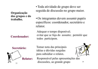 19
• Toda atividade de grupo deve ser
seguida de discussão no grupo maior.
• Os integrantes devem assumir papéis
específicos: coordenador, secretário e
relator.
Organização
dos grupos e do
trabalho.
Coordenador:Coordenador:
Adequar o tempo disponível;
evitar que se fuja do assunto; permitir que
todos participem.
Secretário:Secretário:
Relator:Relator: Responsável pelas apresentações das
discussões, ao grande grupo
Tomar nota das principais
idéias e dúvidas surgidas
para subsidiar o relator.
11
 