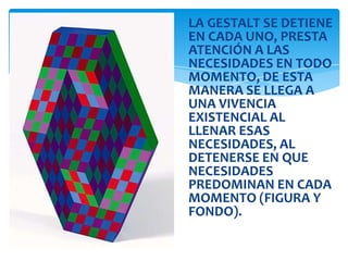 LA GESTALT SE DETIENE
EN CADA UNO, PRESTA
ATENCIÓN A LAS
NECESIDADES EN TODO
MOMENTO, DE ESTA
MANERA SE LLEGA A
UNA VIVENCIA
EXISTENCIAL AL
LLENAR ESAS
NECESIDADES, AL
DETENERSE EN QUE
NECESIDADES
PREDOMINAN EN CADA
MOMENTO (FIGURA Y
FONDO).

 