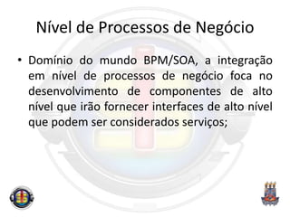 Nível de Processos de Negócio
• Domínio do mundo BPM/SOA, a integração
em nível de processos de negócio foca no
desenvolvimento de componentes de alto
nível que irão fornecer interfaces de alto nível
que podem ser considerados serviços;
 