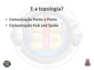 E a topologia?
• Comunicação Ponto a Ponto
• Comunicação Hub and Spoke
 