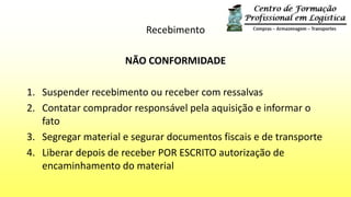 Recebimento
NÃO CONFORMIDADE
1. Suspender recebimento ou receber com ressalvas
2. Contatar comprador responsável pela aquisição e informar o
fato
3. Segregar material e segurar documentos fiscais e de transporte
4. Liberar depois de receber POR ESCRITO autorização de
encaminhamento do material
 