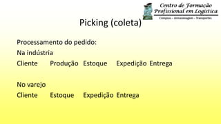 Picking (coleta)
Processamento do pedido:
Na indústria
Cliente Produção Estoque Expedição Entrega
No varejo
Cliente Estoque Expedição Entrega
 