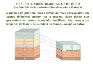 Segundo este princípio, dois estratos ou mais posicionados em
lugares diferentes podem ter a mesma idade desde que
apresentem o mesmo conteúdo fossilífero. Isto porque os
conjuntos de fósseis se sucedem no tempo, um após o outro.
 