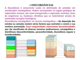 
A discordância é comumente usada na delimitação de unidades em
classificações estratigráficas. Podem corresponder ao registo geológico de
importantes eventos, tais como transgressões e regressões marinhas, fases
de orogêneses ou mudanças climáticas que se materializam através de
acentuadas variações faciológicas.
Discordâncias Estratigráficas ou lacunas estratigráficas – Na deposição dos
estratos ou camadas existem vários factores que controlam e variam a sua
contínua acumulação. Essas irregularidades representam descontinuidades
que são classificadas de diversas maneiras (sedimentares, estratigráficas e
diatróficas); (desconformidades, paraconformidade, discordância angular e
inconformidade).
 