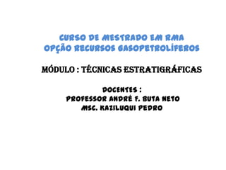 CURSO DE MESTRADO EM RMA
Opção Recursos GasoPetrolíferos

MÓDULO : TÉCNICAS ESTRATIGRÁFICAS

             DOCENTES :
     Professor André F. Buta Neto
        Msc. Kaziluqui Pedro
 