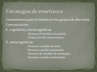 Lineamientos para el trabajo en los grupos de discusión.
Comunicación.
E. cognitivas y metacognitivas
           •   Alcanzar el sentido y recordarlo.
           •   Producción del conocimiento.
E. metacognitivas
           •   Dominar variables de tarea.
           •   Dominar variables personales.
           •   Dominio de variables de estrategias.
           •   Dominar variables ambientales.
 