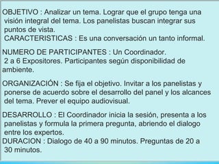 OBJETIVO : Analizar un tema. Lograr que el grupo tenga una
visión integral del tema. Los panelistas buscan integrar sus
puntos de vista.
CARACTERISTICAS : Es una conversación un tanto informal.
NUMERO DE PARTICIPANTES : Un Coordinador.
2 a 6 Expositores. Participantes según disponibilidad de
ambiente.
ORGANIZACIÓN : Se fija el objetivo. Invitar a los panelistas y
ponerse de acuerdo sobre el desarrollo del panel y los alcances
del tema. Prever el equipo audiovisual.
DESARROLLO : El Coordinador inicia la sesión, presenta a los
panelistas y formula la primera pregunta, abriendo el dialogo
entre los expertos.
DURACION : Dialogo de 40 a 90 minutos. Preguntas de 20 a
30 minutos.
 