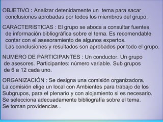 OBJETIVO : Analizar detenidamente un tema para sacar
conclusiones aprobadas por todos los miembros del grupo.
CARACTERISTICAS : El grupo se aboca a consultar fuentes
de información bibliográfica sobre el tema. Es recomendable
contar con el asesoramiento de algunos expertos.
Las conclusiones y resultados son aprobados por todo el grupo.
NUMERO DE PARTICIPANTES : Un conductor. Un grupo
de asesores. Participantes: número variable. Sub grupos
de 6 a 12 cada uno.
ORGANIZACIÓN : Se designa una comisión organizadora.
La comisión elige un local con Ambientes para trabajo de los
Subgrupos, para el plenario y con alojamiento si es necesario.
Se selecciona adecuadamente bibliografía sobre el tema.
Se toman providencias .
 