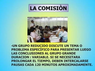 LA COMISIÒN
•UN GRUPO REDUCIDO DISCUTE UN TEMA O
PROBLEMA ESPECÍFICO PARA PRESENTAR LUEGO
LAS CONCLUSIONES AL GRUPO GRANDE
DURACION : VARIABLE. SI SE NECESITARA
PROLONGAR EL TIEMPO, DEBEN INTERCALARSE
PAUSAS CADA 120 MINUTOS APROXIMADAMENTE.
 