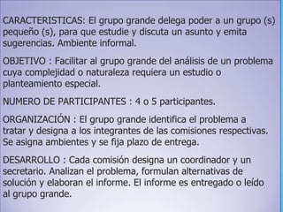 CARACTERISTICAS: El grupo grande delega poder a un grupo (s)
pequeño (s), para que estudie y discuta un asunto y emita
sugerencias. Ambiente informal.
OBJETIVO : Facilitar al grupo grande del análisis de un problema
cuya complejidad o naturaleza requiera un estudio o
planteamiento especial.
NUMERO DE PARTICIPANTES : 4 o 5 participantes.
ORGANIZACIÓN : El grupo grande identifica el problema a
tratar y designa a los integrantes de las comisiones respectivas.
Se asigna ambientes y se fija plazo de entrega.
DESARROLLO : Cada comisión designa un coordinador y un
secretario. Analizan el problema, formulan alternativas de
solución y elaboran el informe. El informe es entregado o leído
al grupo grande.
 