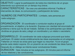 OBJETIVO: Lograr la participación de todos los miembros de un grupo
obteniendo sus opiniones en un tiempo muy breve.
CARACTERISTICAS : Se crea una atmósfera informal. Facilita el
intercambio de ideas, la comunicación y participación de todos.
NUMERO DE PARTICIPANTES : Limitado, seis personas por
cada subgrupo.
ORGANIZACIÓN : El coordinador o conductor explica al grupo el
procedimiento, el objetivo y la duración. Expresa con claridad del enunciado del
problema o tema que ha de ser tratado. Señala a los participantes que deben
dividirse en grupos de seis y elegir un coordinador y un relator o secretario.
DESARROLLO : El coordinador de cada subgrupo procurará que todos
participen. El relator anota sintéticamente las ideas expresadas en el subgrupo.
Faltando un minuto se avisa para que hagan su resumen. Ya en el grupo
grande cada relator expone. En un pizarrón se van anotando las ideas fuerza.
Después de un diálogo se intenta sacar conclusiones finales.
DURACION : Seis minutos en los subgrupos. 20 minutos para el informe
de los relatores y las conclusiones.
 