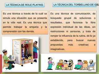 LA TÉCNICA DE ROLE PLAYING 
Es una técnica a través de la cuál se 
simula una situación que se presenta 
en la vida real. Es una técnica que 
permite trabajar la empatía y la 
comprensión con los demás. 
LA TÉCNICA DEL TORBELLINO DE IDEAS 
Es una técnica de comunicación, de 
búsqueda grupal de soluciones o 
resultados, que favorece la libre 
expresión individual de las ideas, sin 
restricciones ni censuras, y trata de 
romper la influencia de la rutina, de lo ya 
establecido, para buscar nuevas 
propuestas más creativas e 
imaginativas. 
 