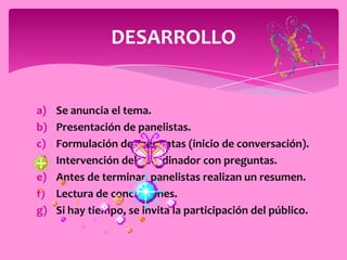 DESARROLLO


a)   Se anuncia el tema.
b)   Presentación de panelistas.
c)   Formulación de preguntas (inicio de conversación).
d)   Intervención del coordinador con preguntas.
e)   Antes de terminar, panelistas realizan un resumen.
f)   Lectura de conclusiones.
g)   Si hay tiempo, se invita la participación del público.
 