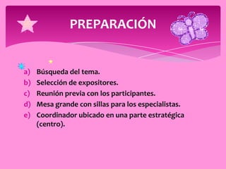 PREPARACIÓN


a)   Búsqueda del tema.
b)   Selección de expositores.
c)   Reunión previa con los participantes.
d)   Mesa grande con sillas para los especialistas.
e)   Coordinador ubicado en una parte estratégica
     (centro).
 