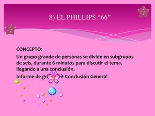 8) EL PHILLIPS “66”



CONCEPTO:
Un grupo grande de personas se divide en subgrupos
de seis, durante 6 minutos para discutir el tema,
llegando a una conclusión.
Informe de grupos  Conclusión General
 