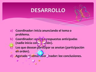 DESARROLLO


a) Coordinador: inicia anunciando el tema o
   problema.
b) Coordinador: ocurre a respuestas anticipadas
   (nadie inicia conversación).
c) Los que desean participar se anotan (participación
   en orden).
d) Agotado el tema. Coordinador: lee conclusiones.
 