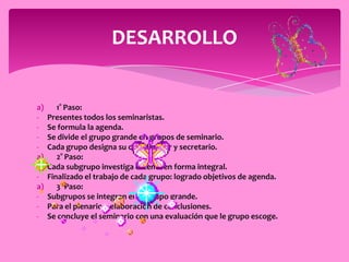 DESARROLLO


a)      1° Paso:
-    Presentes todos los seminaristas.
-    Se formula la agenda.
-    Se divide el grupo grande en grupos de seminario.
-    Cada grupo designa su coordinador y secretario.
a)      2° Paso:
-    Cada subgrupo investiga el tema en forma integral.
-    Finalizado el trabajo de cada grupo: logrado objetivos de agenda.
a)      3° Paso:
-    Subgrupos se integran en el grupo grande.
-    Para el plenario y elaboración de conclusiones.
-    Se concluye el seminario con una evaluación que le grupo escoge.
 