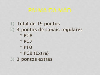 PALMA DA MÃO
1) Total de 19 pontos
2) 4 pontos de canais regulares
* PC8
* PC7
* P10
* PC9 (Extra)
3) 3 pontos extras
 